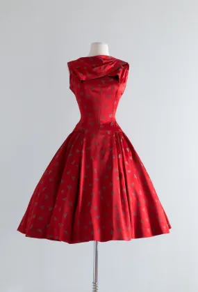 1950's Crimson Red Drop Waist Party Dress With Emerald Sprigs Of Mistletoe / Waist 28