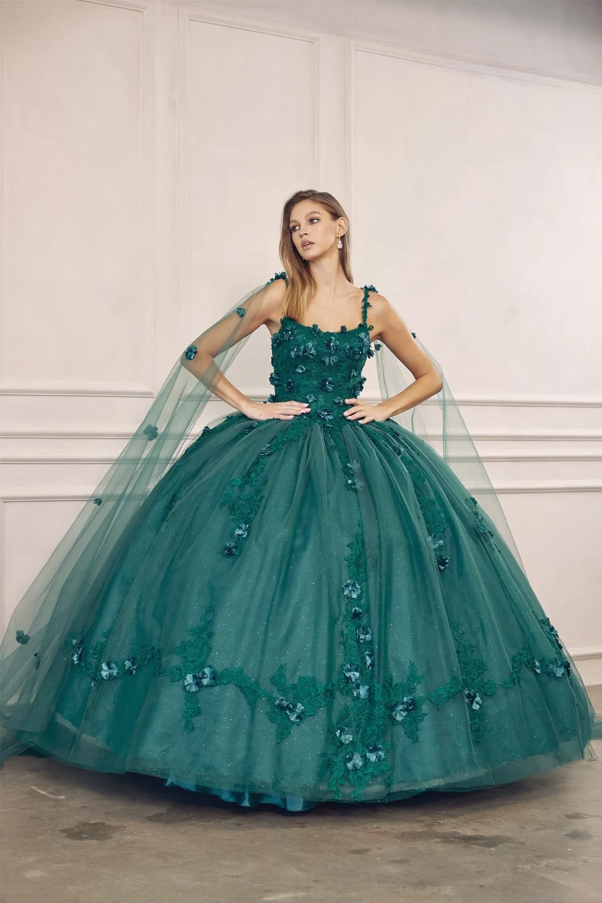 3D Floral Sleeveless Cape Ball Gown by Juliet 1436