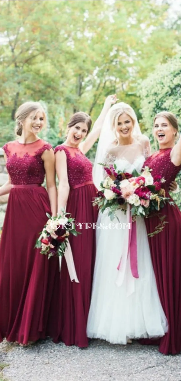 Burgundy Long Bridesmaid Dresses Modest Lace Applique Formal Dresses, TYP1234