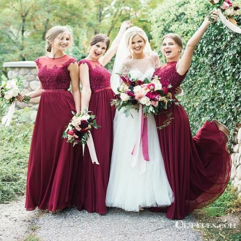 Burgundy Long Bridesmaid Dresses Modest Lace Applique Formal Dresses, TYP1234