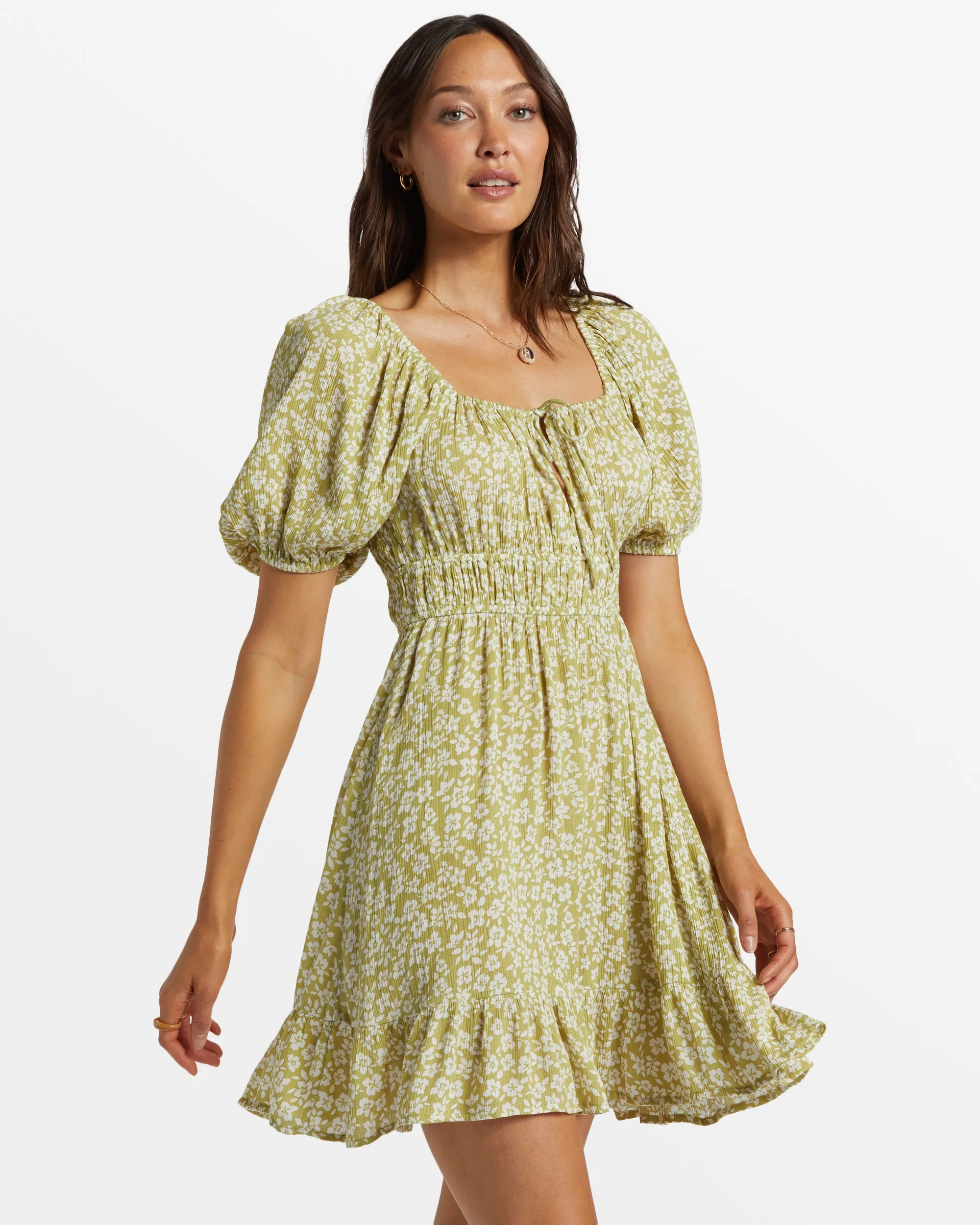 Cabana Puff Sleeve Mini Dress - Moss Joy