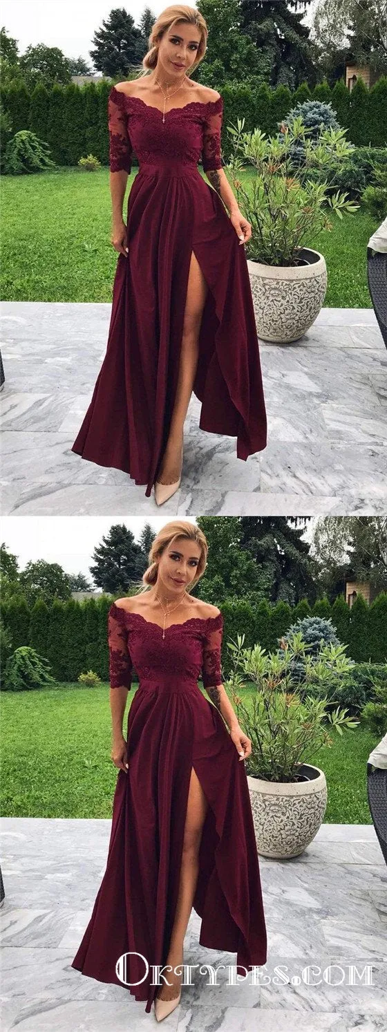 Charming Burgundy Off Shoulder Half Sleeves A-line Prom Dresses With Slit, TYP1643