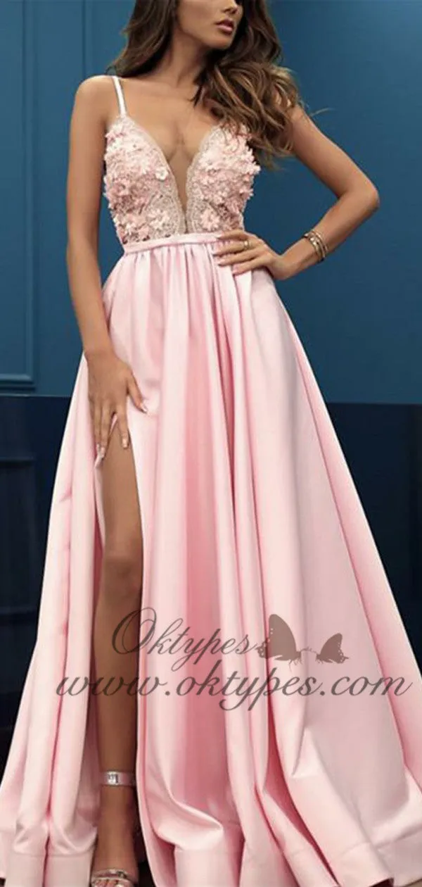 Charming Pink V-neck Sleeveless Split Prom Party Dresses with Appliques, TYP1501