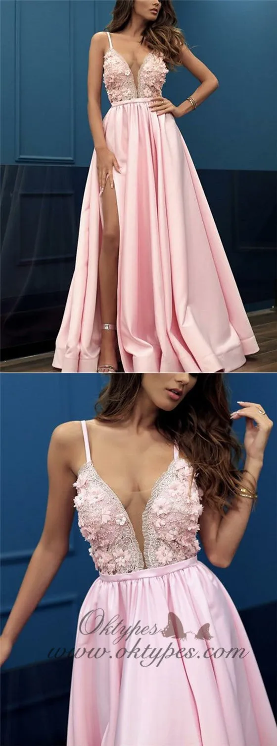 Charming Pink V-neck Sleeveless Split Prom Party Dresses with Appliques, TYP1501