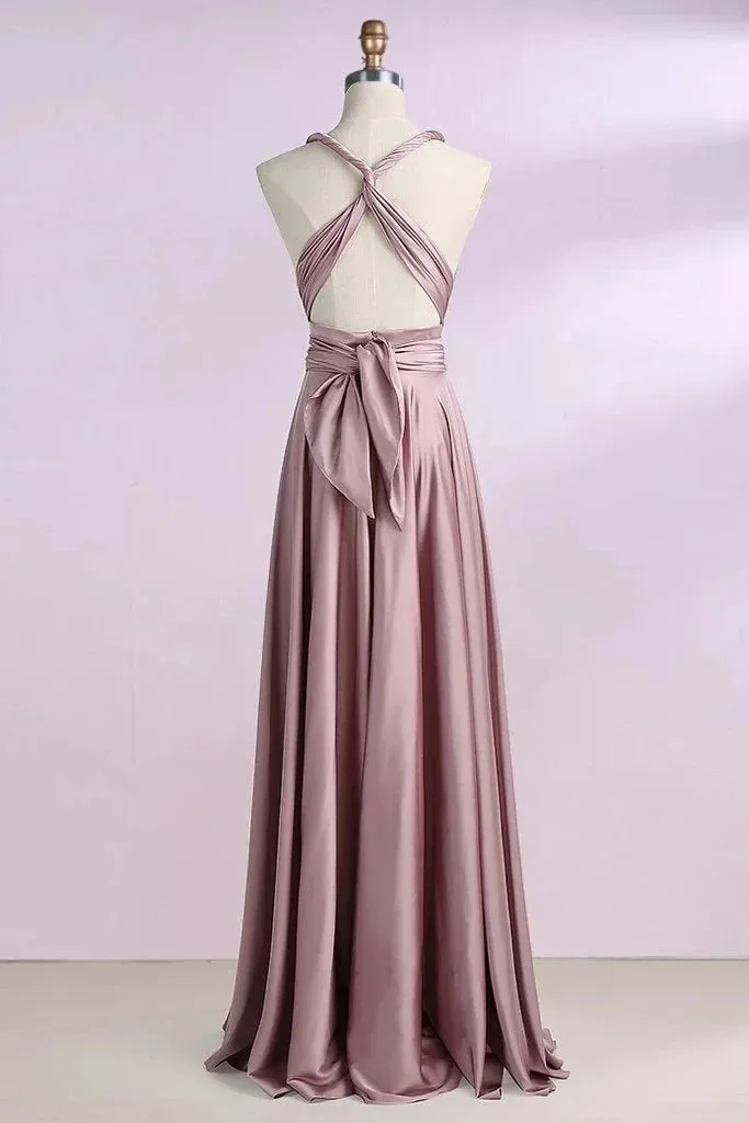 Dusty Rose Halter One Shoulder A-line Satin Sleeveless Long Evening Prom Dress Online, OL030