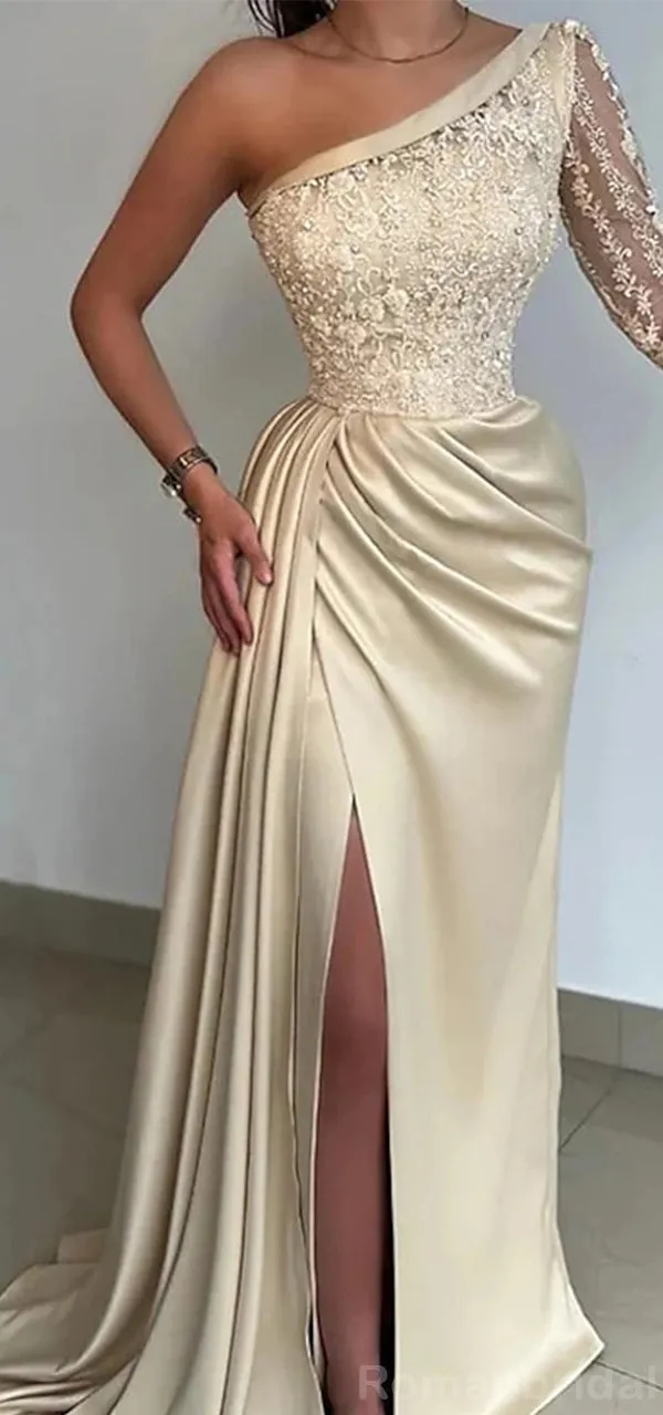 Elegant One Shoulder Long Sleeve Mermaid Side Slit Evening Prom Dress Online, OL170