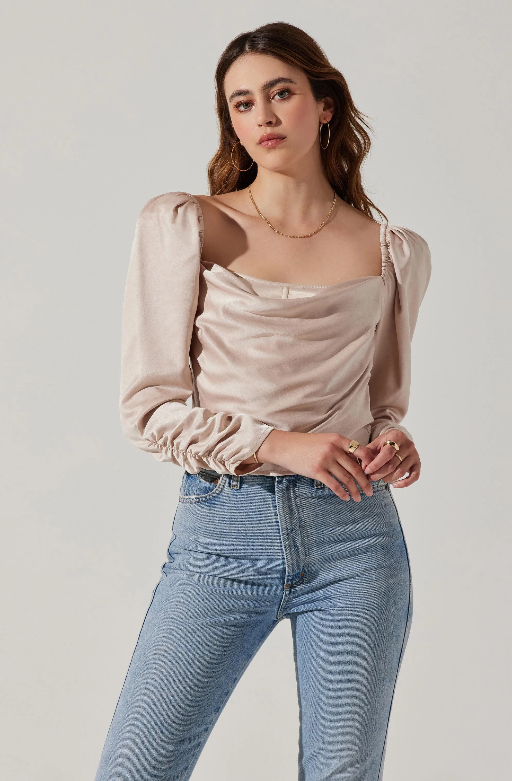 Katija Satin Cowl Neck Puff Sleeve Top