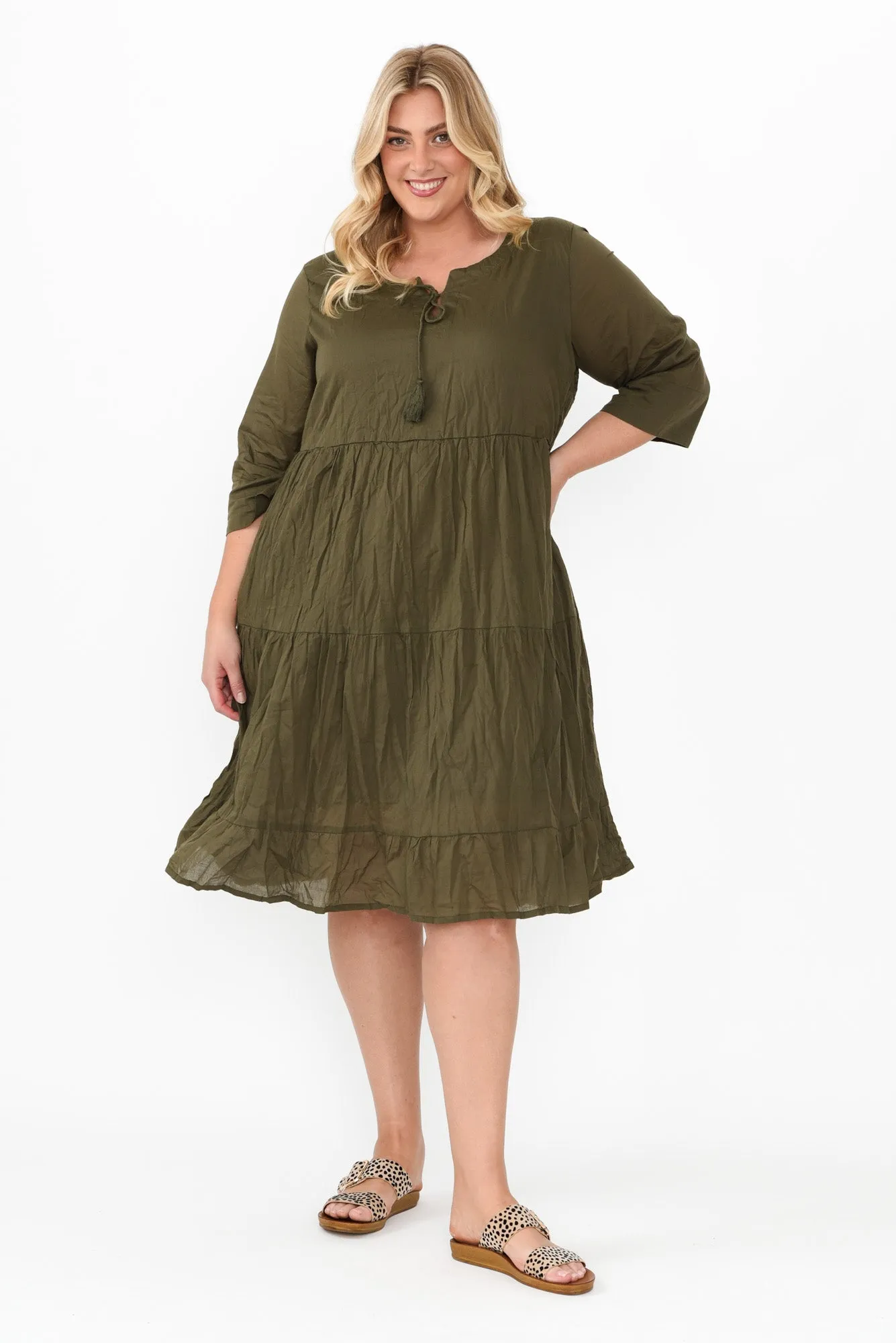 Milana Khaki Crinkle Cotton Dress