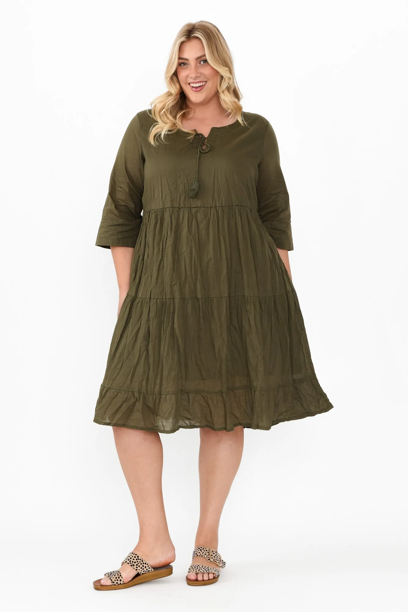 Milana Khaki Crinkle Cotton Dress