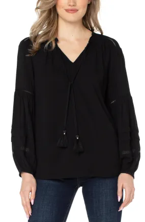 TIE FRONT POPOVER SHIRRED BLOUSE