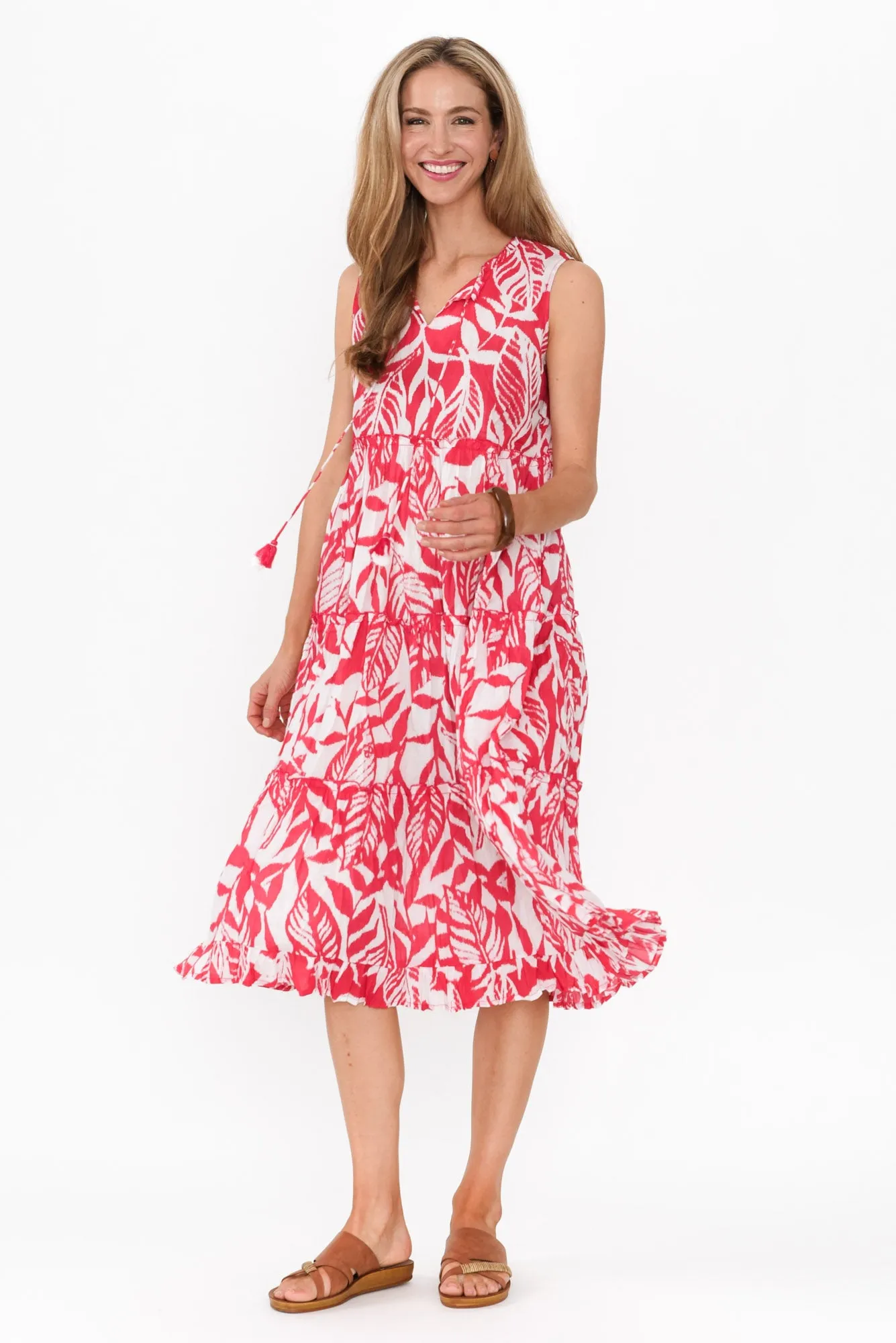 Tulla Pink Tropical Cotton Sleeveless Dress