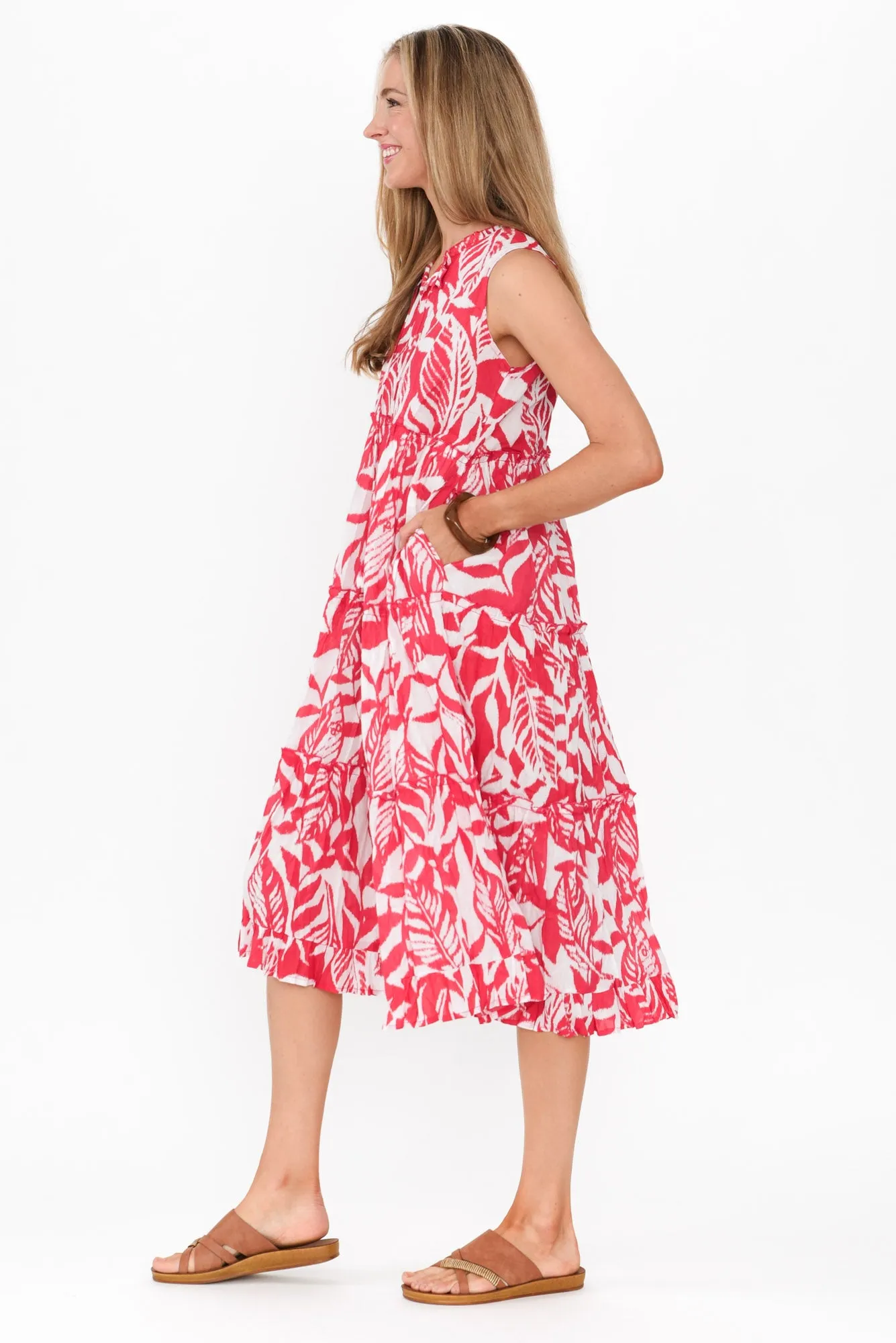 Tulla Pink Tropical Cotton Sleeveless Dress