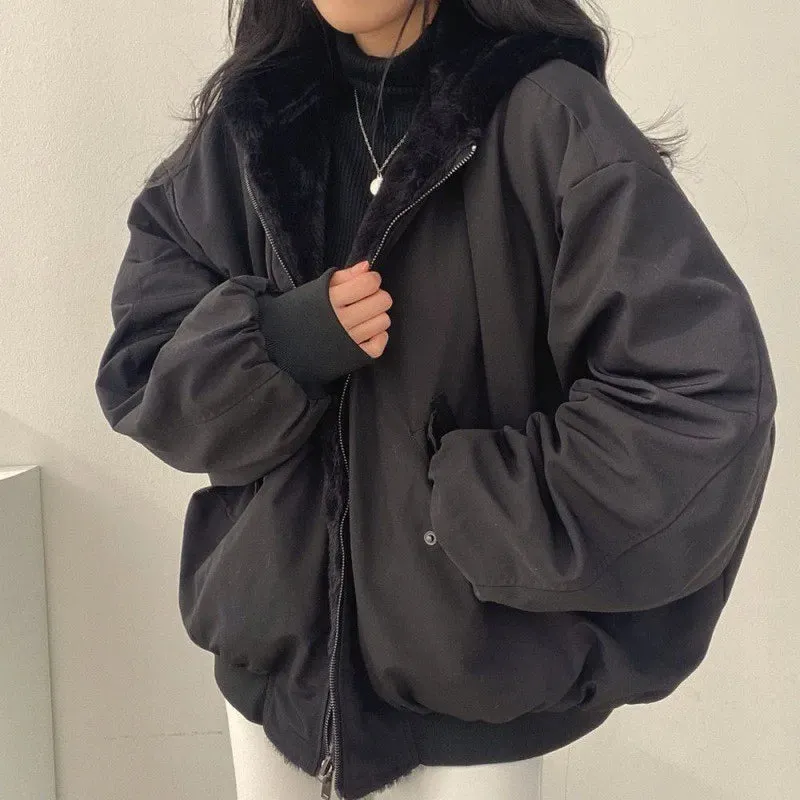 Winter Thickened Warm Parka – Oversized Kawaii Double-Sided Hooded Coat for Women, Korean Fashion Casual Loose Zip-Up Jacket